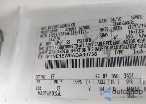 2010 Ford E-150 Commercial/Recreational из США, поврежденный, VIN 1FTNE1EW0ADA90738